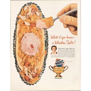 1956 Wheaties Cereal Banana Split Vintage Print Ad Betty Crocker Raspberries
